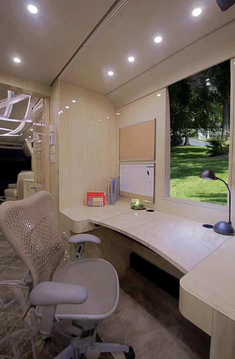 desk in bunk room in a x3 prevost bus